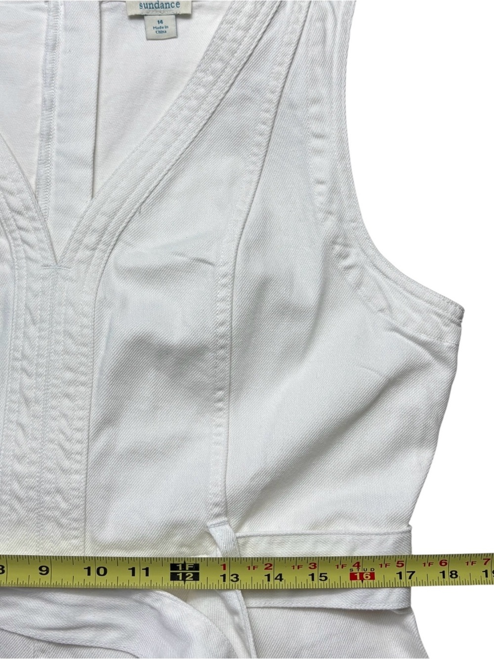 Sundance Poppy White Denim Belted Midi Dress V-Neck Size 14 Pockets Cotton - Picture 7 of 10